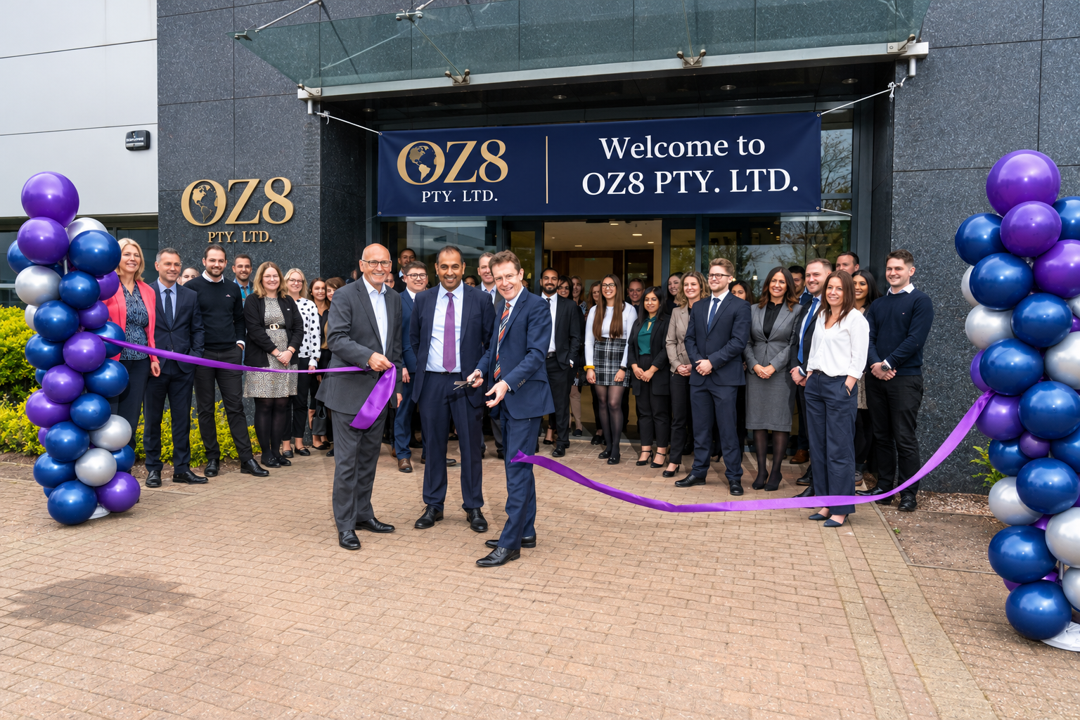 OZ8 team gathered at the office entrance